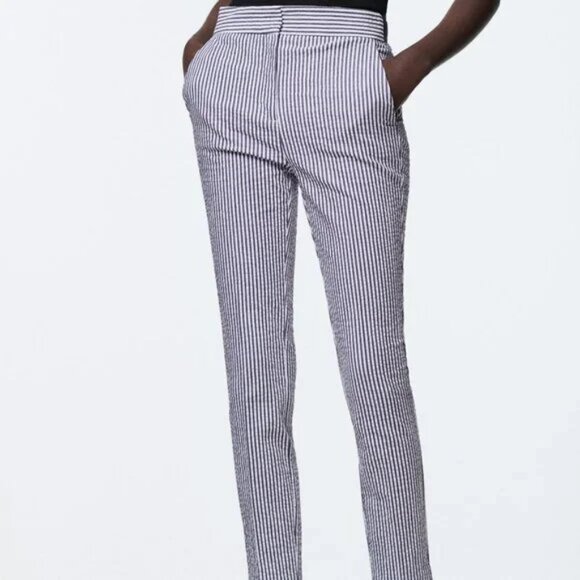 ZARA PANTS elastic waist Sz M COTTON BLUE & WHITE STRIPES PREPPY NAUTICAL NWT ! - Picture 1 of 12